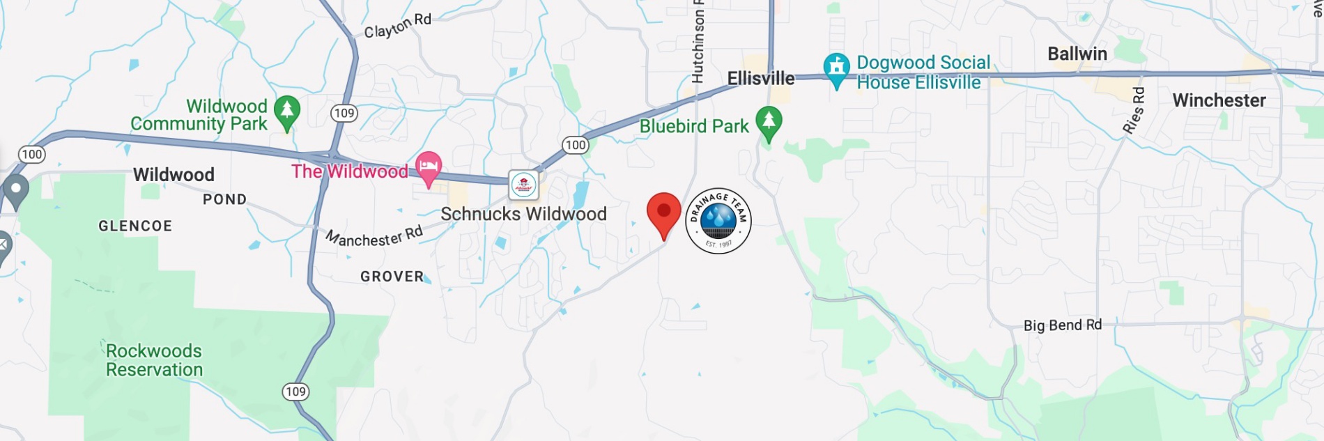 Map of where Drainage Team is Located in St. Louis Missouri in the suburb of Ellisville MO