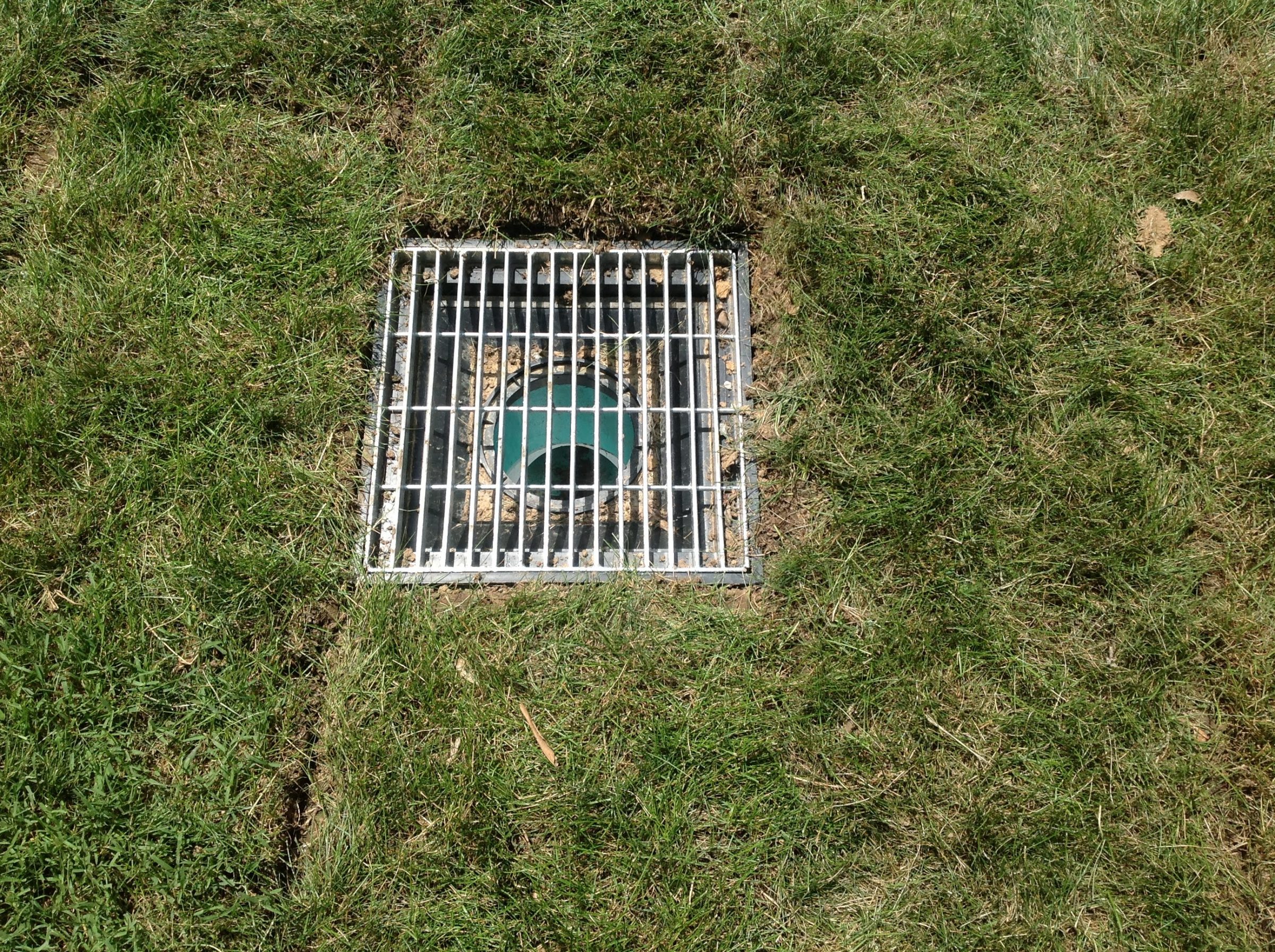 Metal storm drain grate in grassy lawn