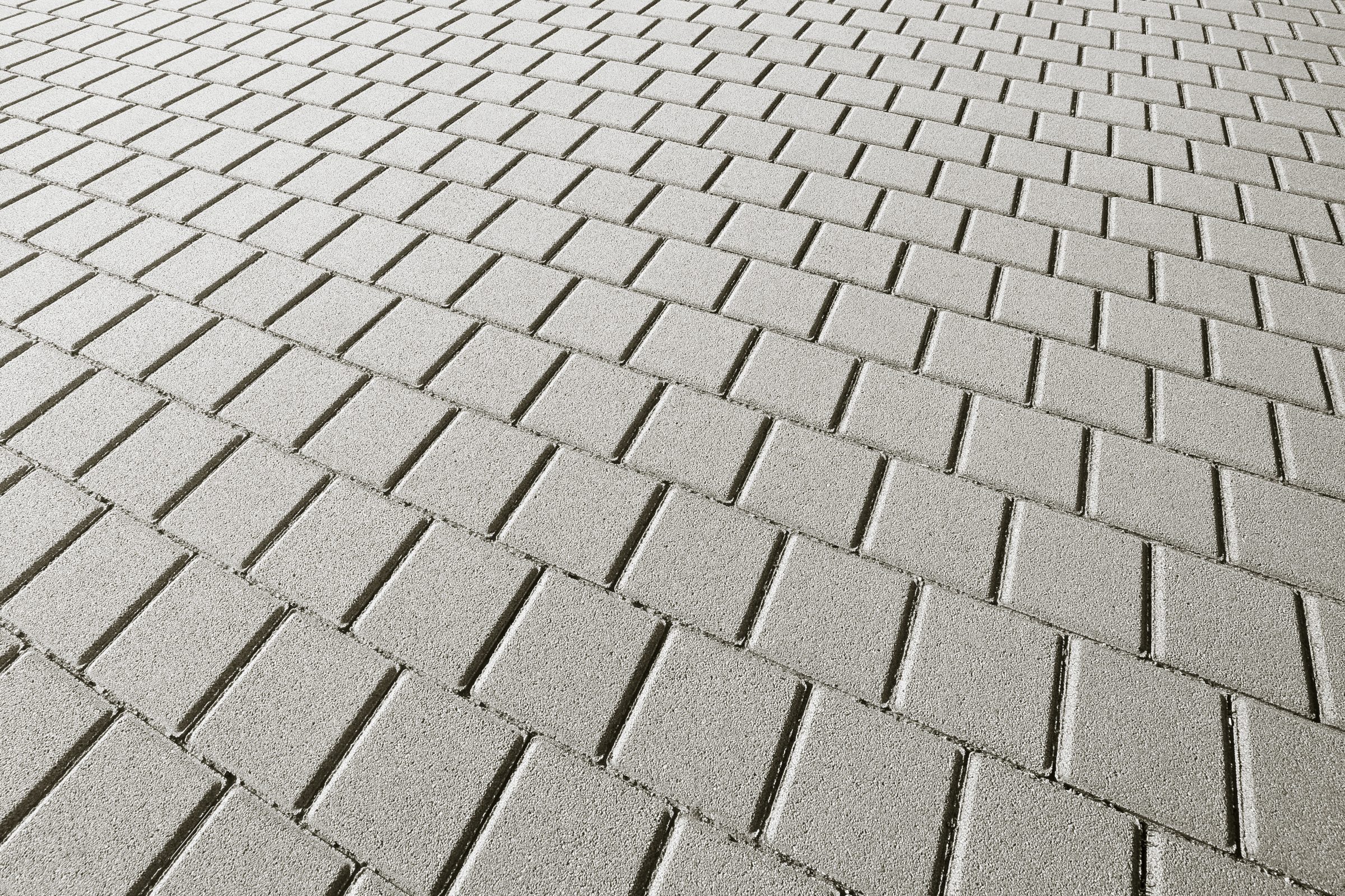 Light gray brick pavement in herringbone pattern