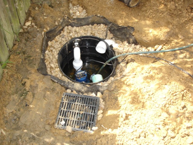 Sump pump basin installed in backyard ground