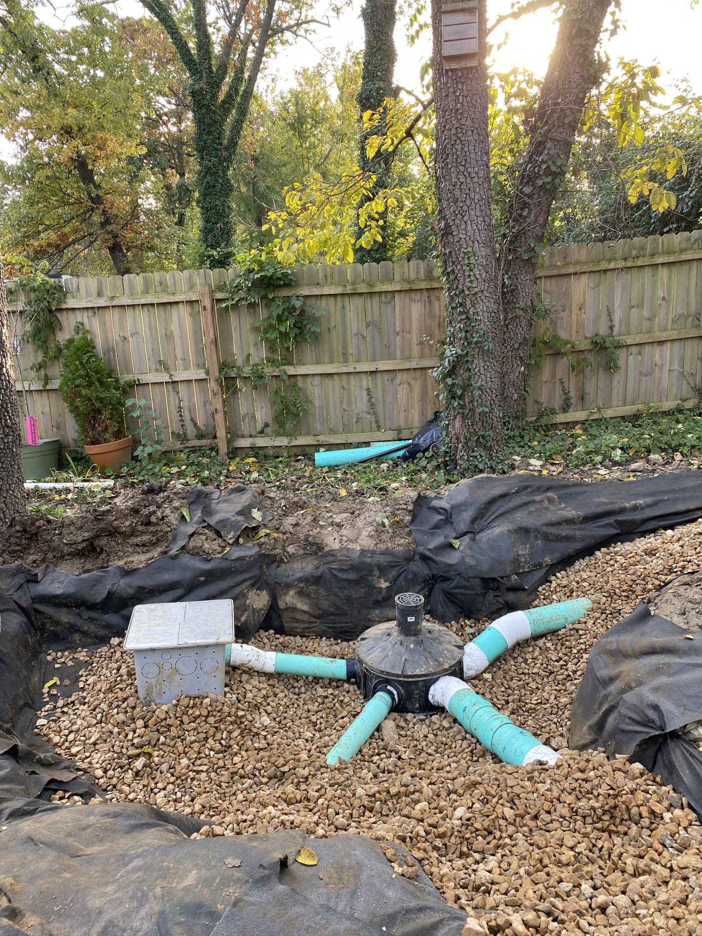 Backyard drainage system with pipes and gravel bed