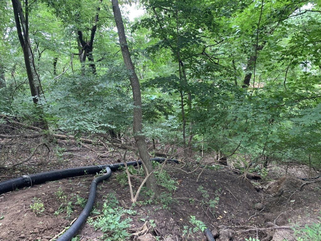 Black drainage pipes running through wooded area