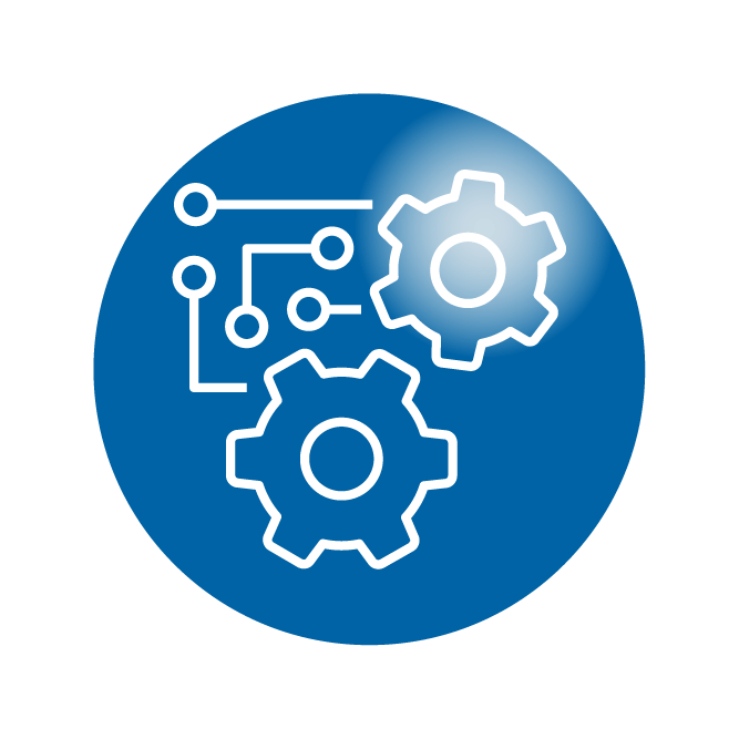 White gears and circuit lines on blue background