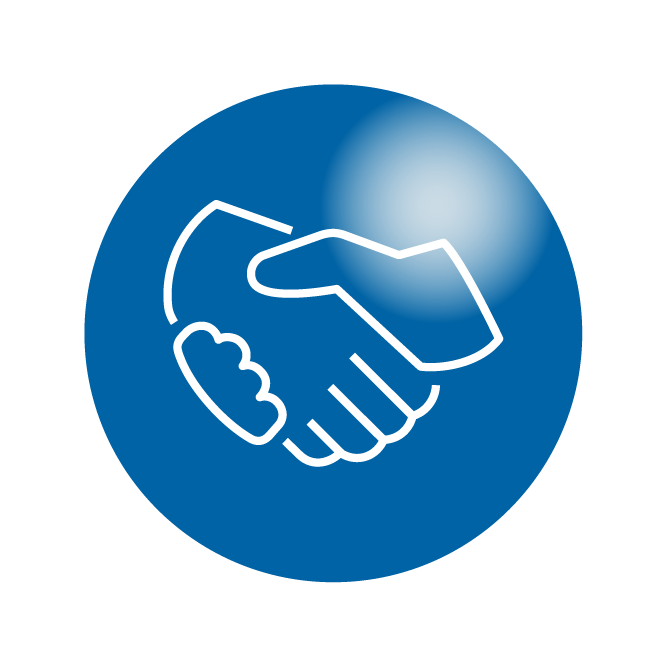 White handshake icon on blue circle