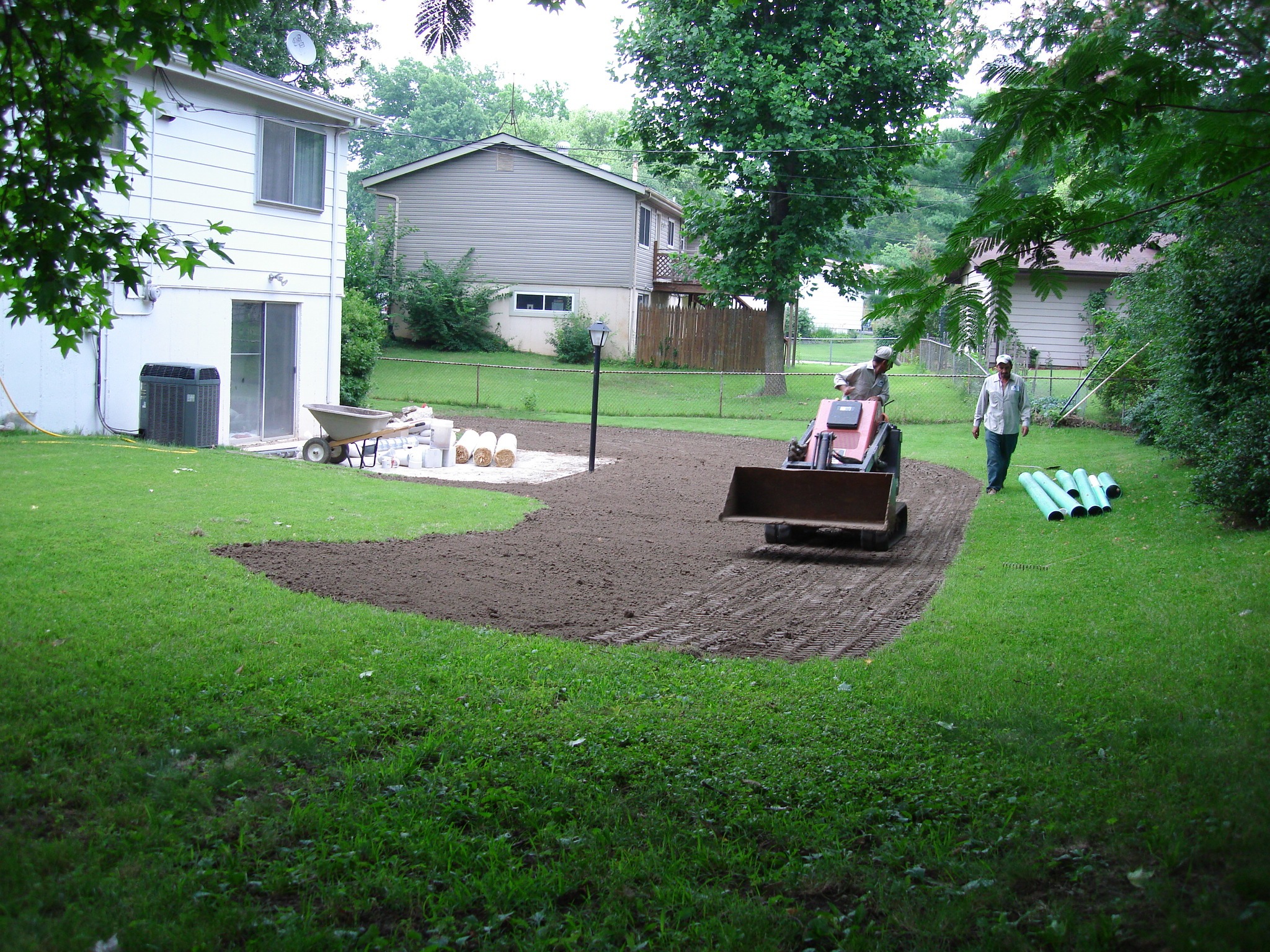 Workers grading backyard soil with skid-steer loader