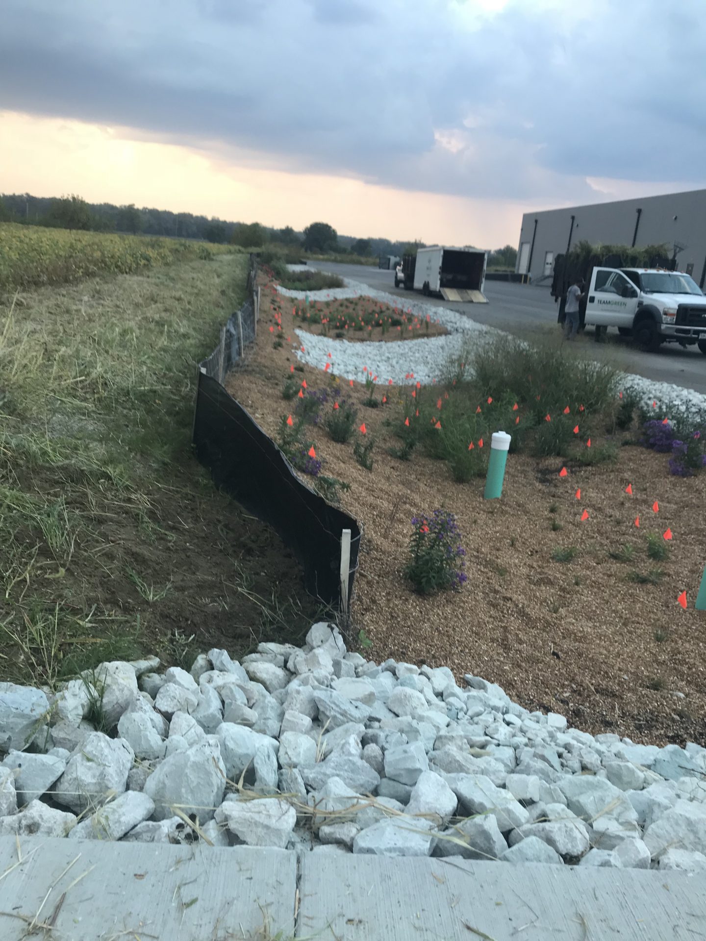 Landscaped drainage swale beside industrial building under stormy sky