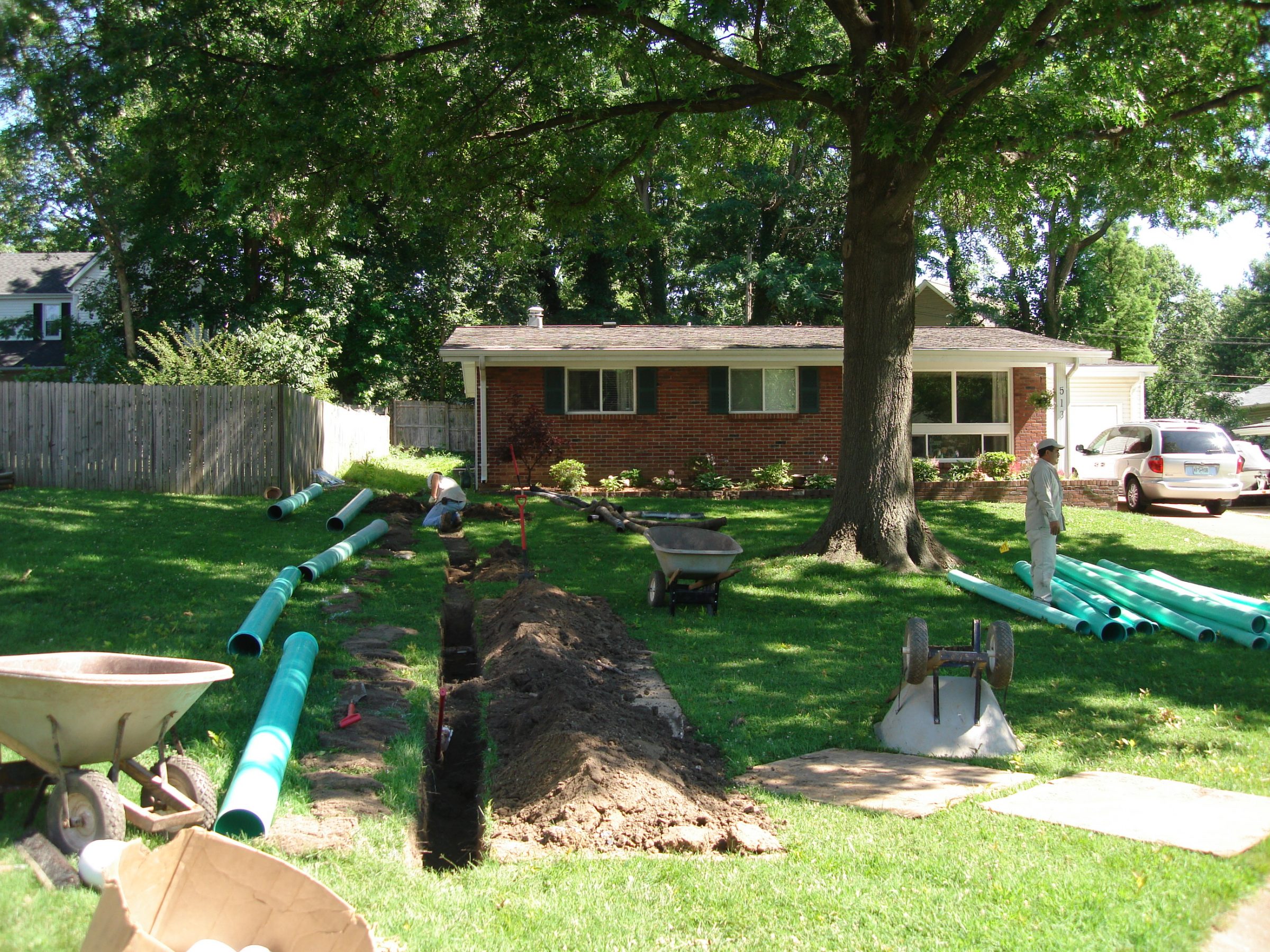 Workers installing drainage pipes in suburban yard