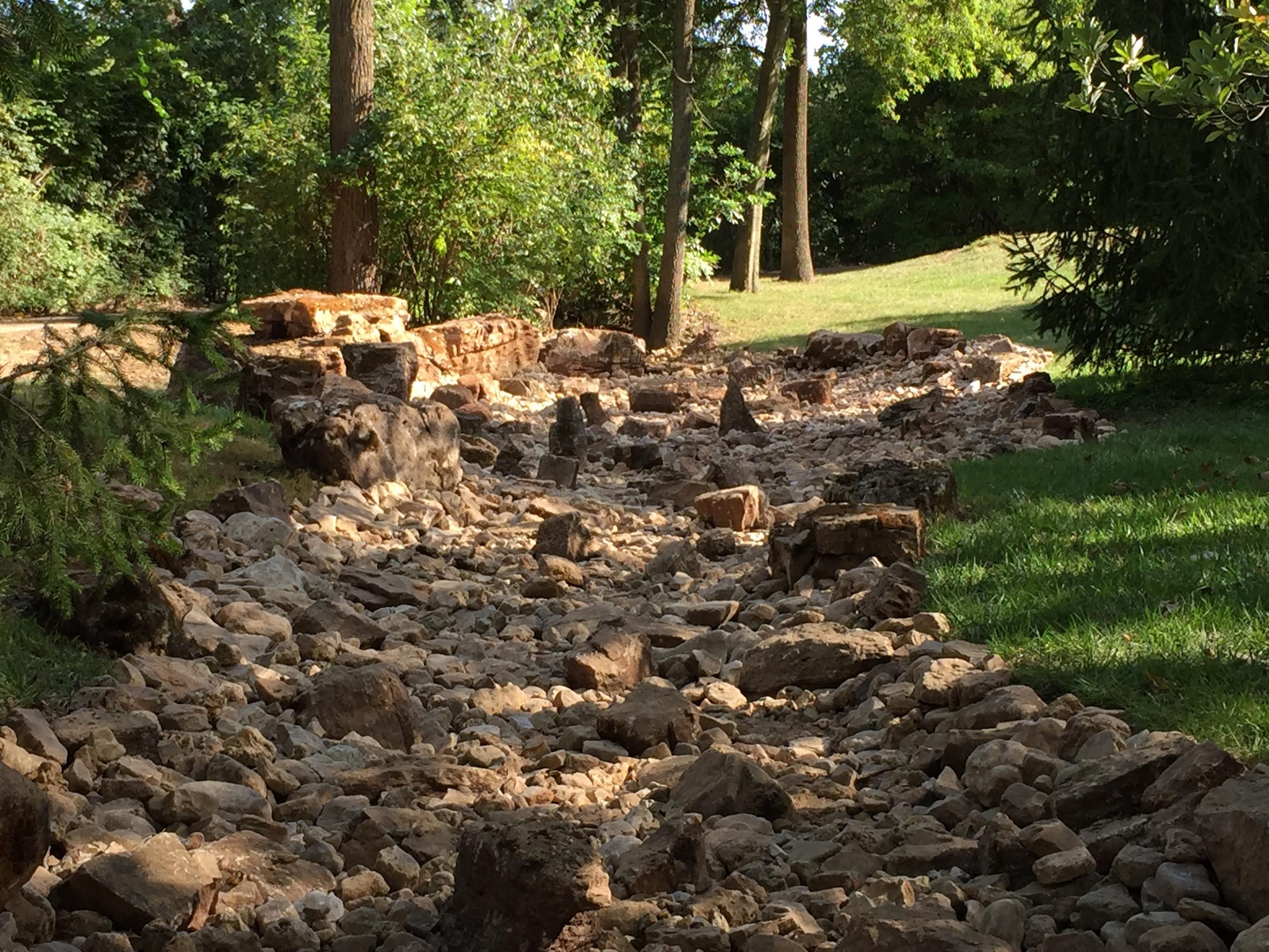 Dry rocky creek bed in wooded park